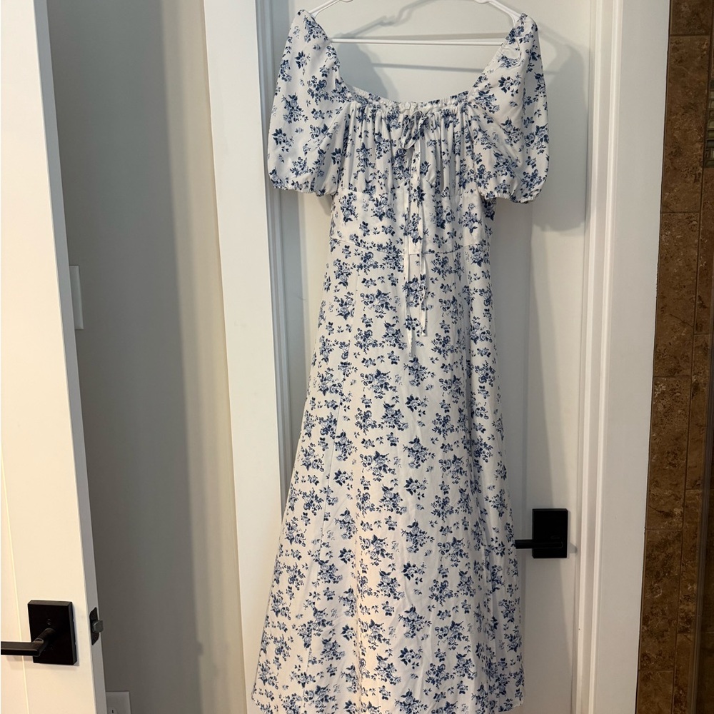Floral White and Blue Maxi Dress